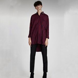 Zara Plaid Beaded Collar Oversized Pullover Tunic Shirt Dress Red Blue XS